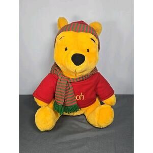 Disney Mattel Winnie the Pooh Christmas Holiday Plush Stuffed Toy 14" Hat/Scarf